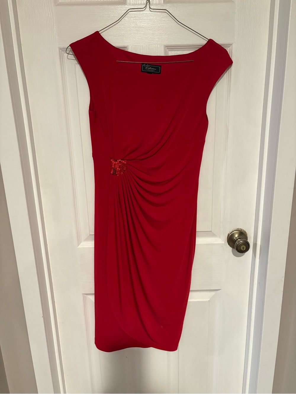 dressbarn Red Midi Dress with Side Gather and Embellishment